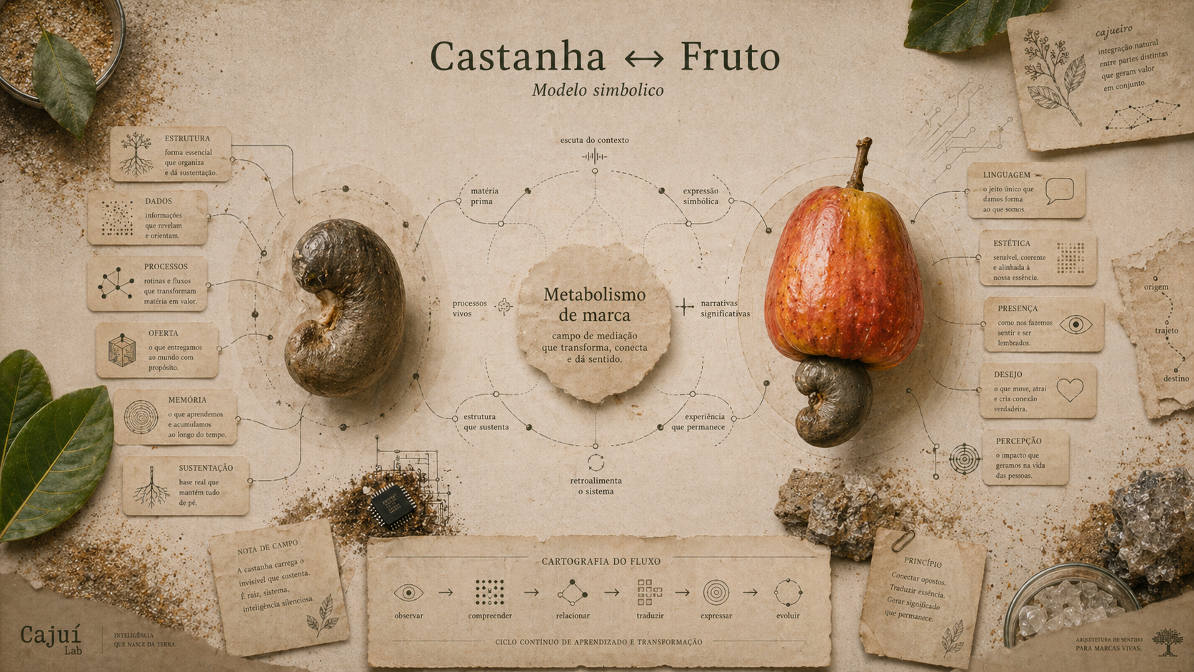 Mapa simbólico da Cajuí Lab conectando castanha e fruto